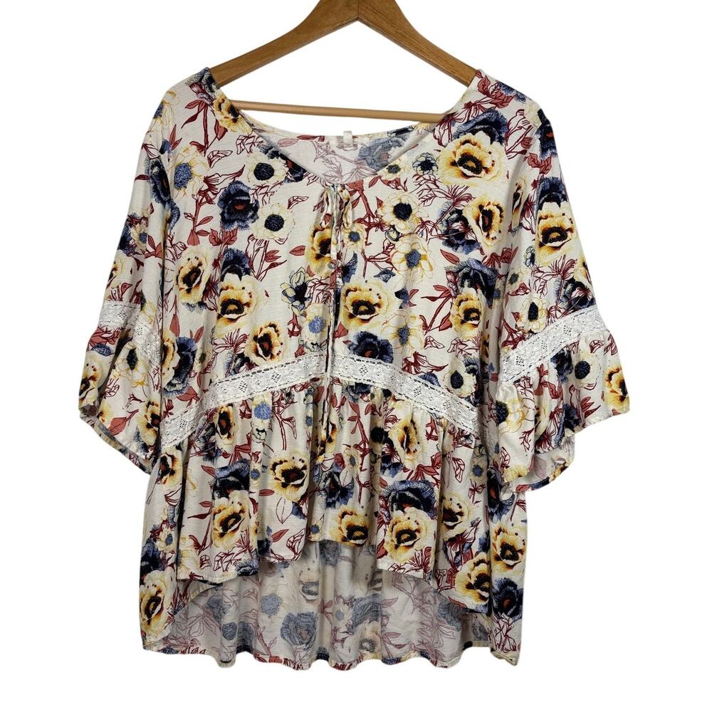 Maurices Floral Boho Peasant Blouse Lace Trim Tie Front Short Sleeve Top 1X
